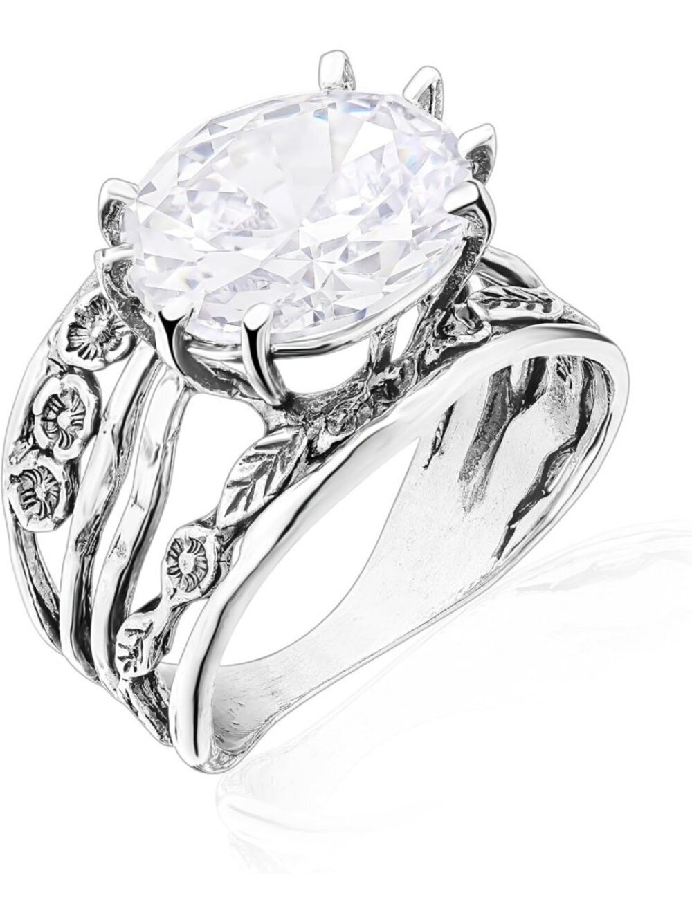 Sterling Silver Oval CZ Floral Ring - Boho Chic Wide Band Statement Ring with